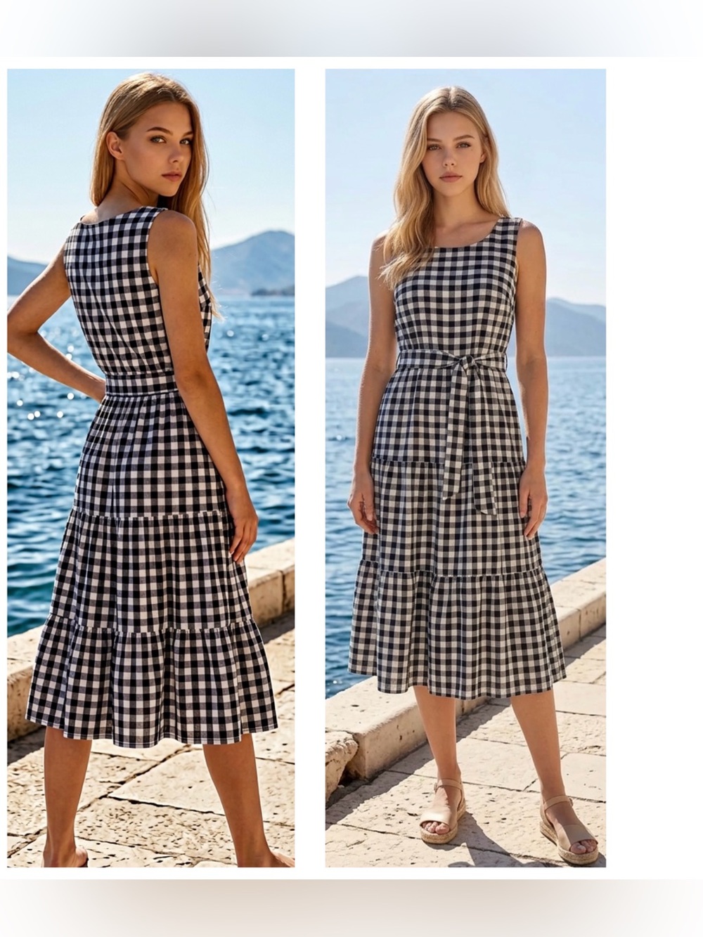 Kim Rogers Women’s Sz PL Sleeveless Black and White Gingham Tiered Midi Dress